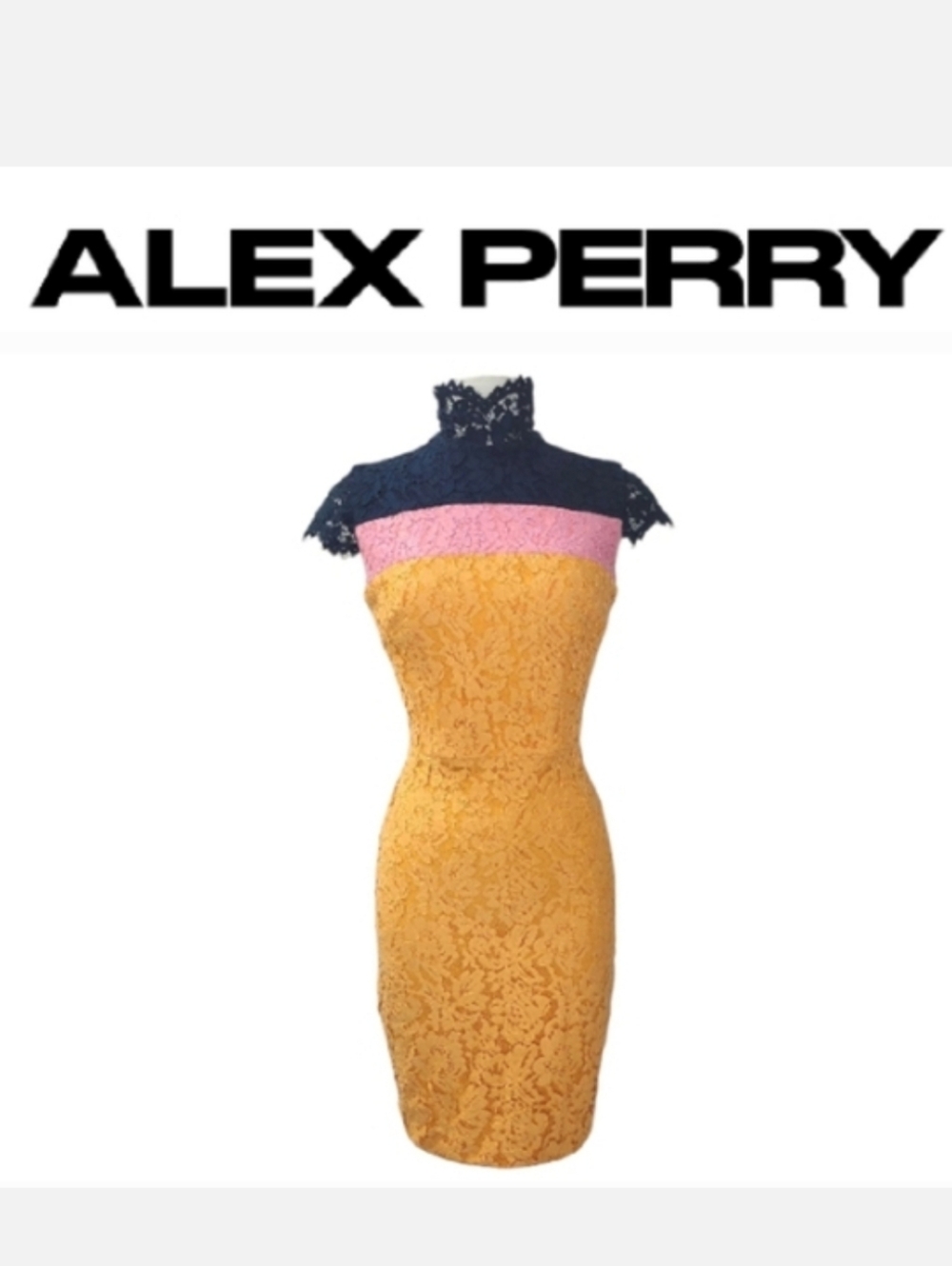 ALEX PERRY Lace Pencil Dress High Neck Navy/Pink/Orange Sz 6/S